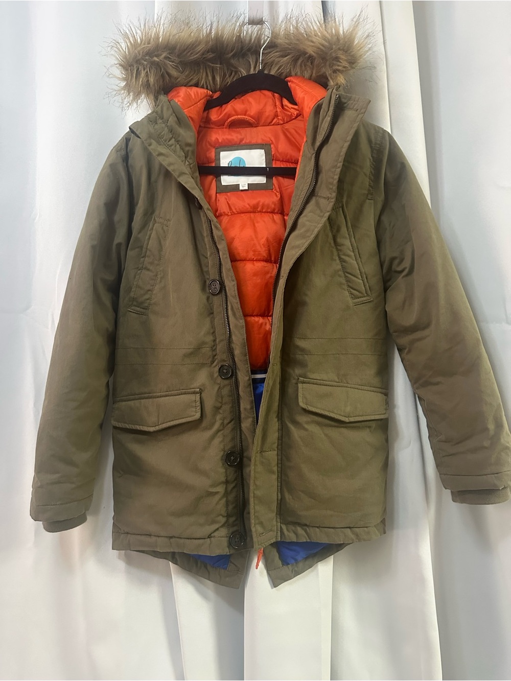 Boden Olive Green Puffer Coat with Orange Lining and Faux-Fur Hood